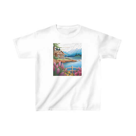 Colorful graphic t-shirt design of mountain lodge cabin near serene lake shore