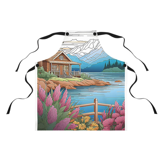 Apron Colorful Graphic Design - Mountain Cabin by the Lake