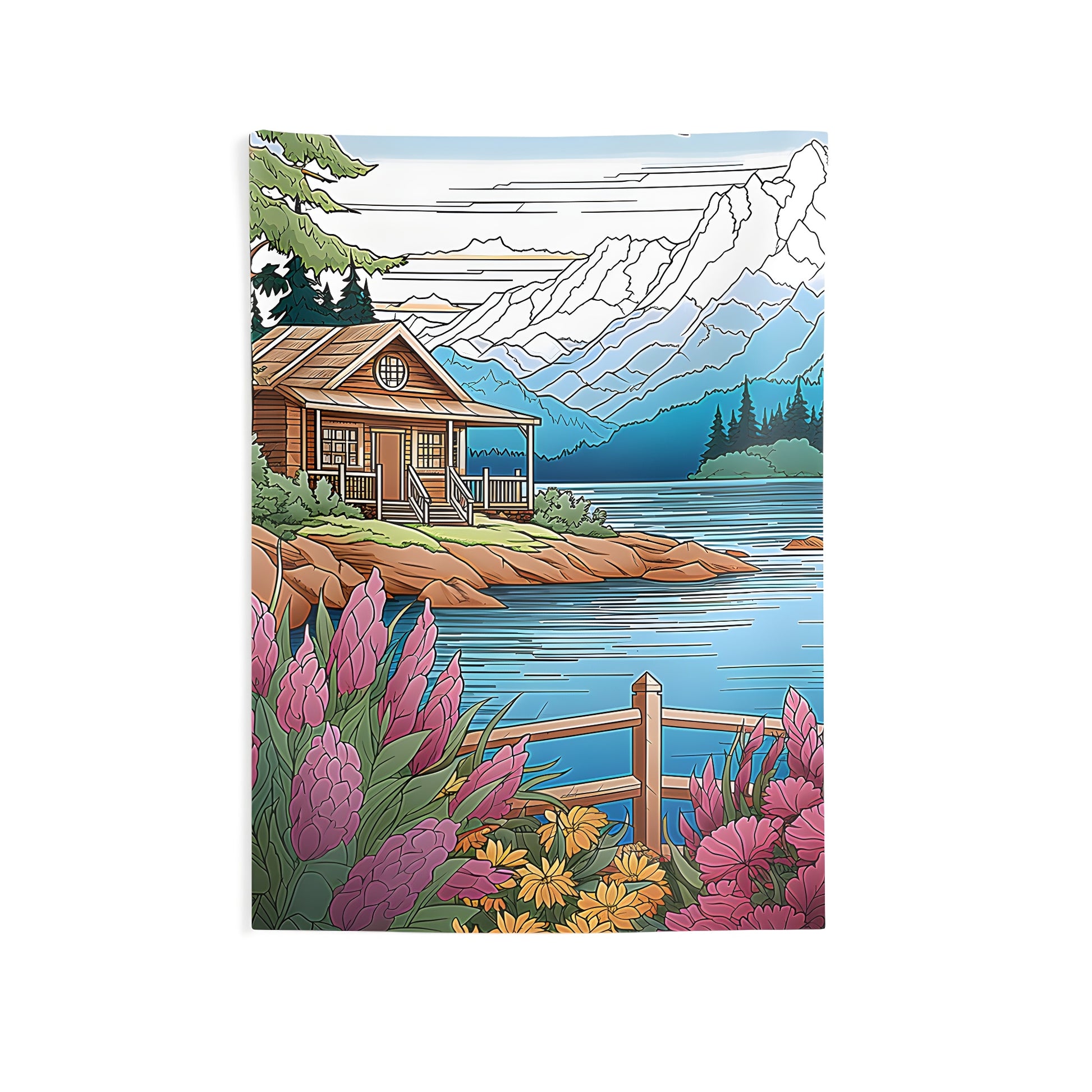 Indoor wall tapestry featuring a scenic mountain cabin view near a serene lake surrounded by blooming wildflowers, tall trees, and majestic mountains in the background.