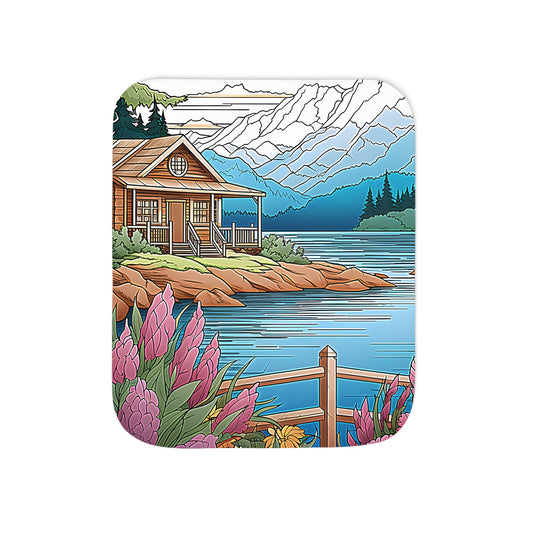 Colorful lake cabin blanket with scenic mountain view