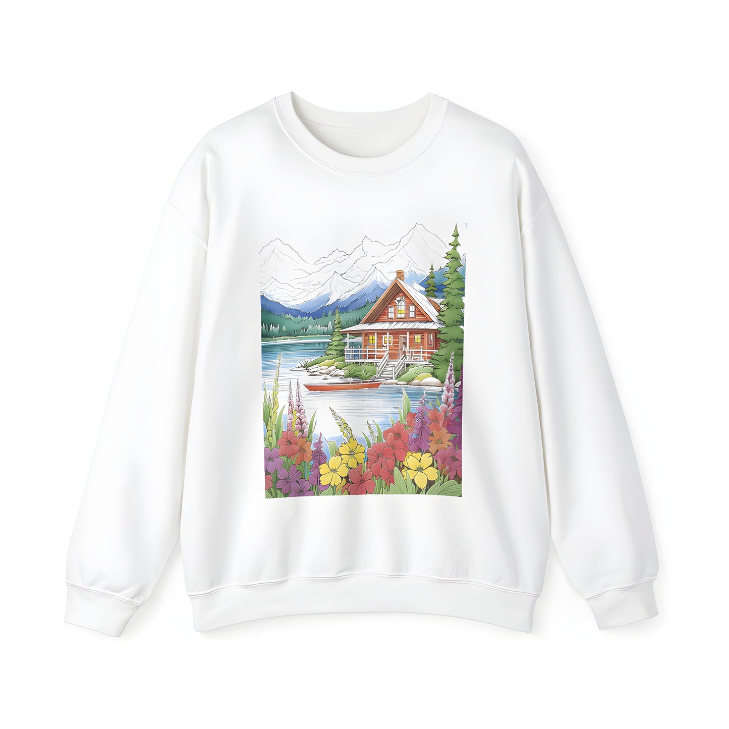 Adult Sweatshirts featuring a picturesque wooden cabin scene near a serene lake, surrounded by vibrant flowers, lush greenery, and majestic mountain peaks under a clear sky.