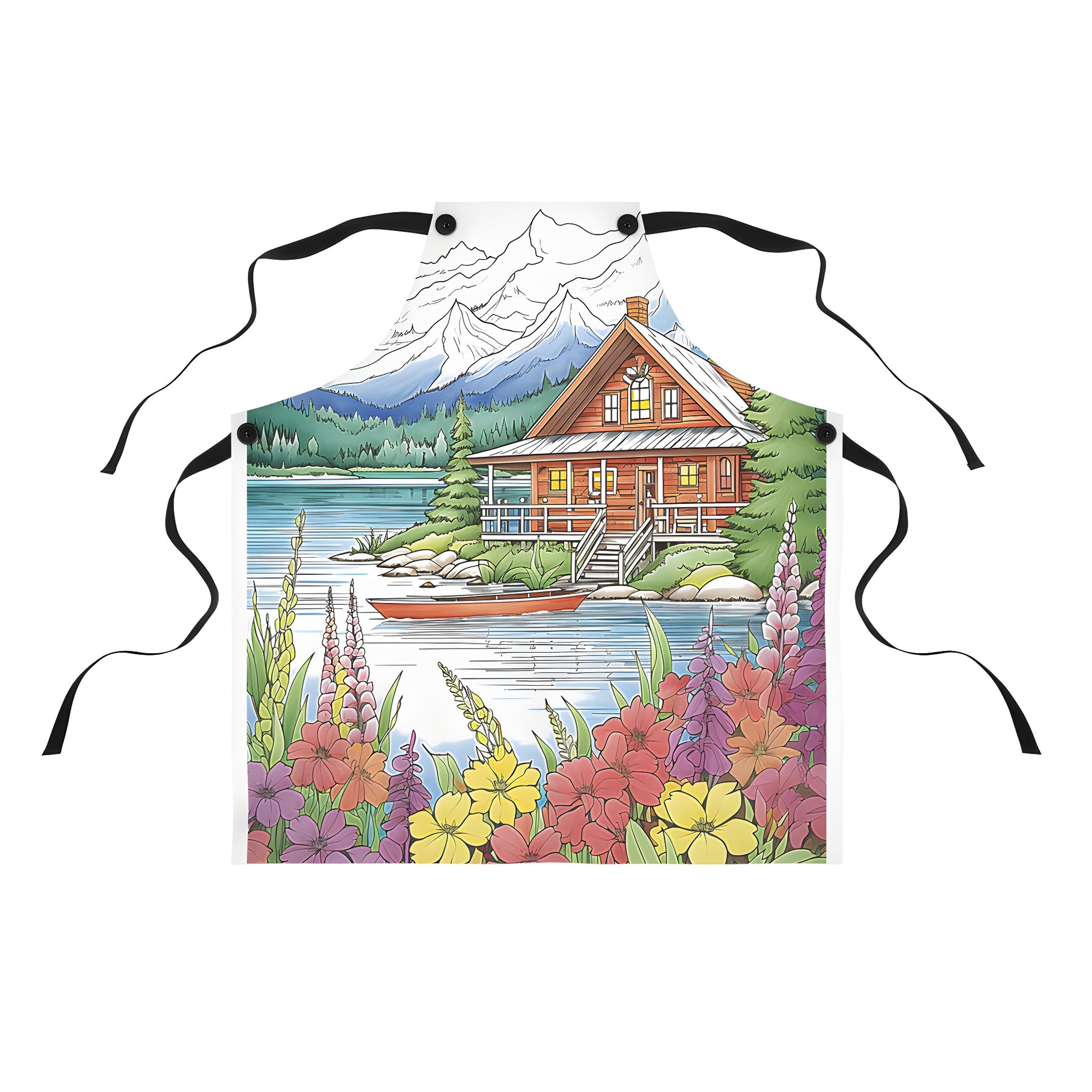 Colorful wooden cabin lakeside apron by serene lake, surrounded by vibrant flowers, lush greenery and majestic mountain scenery.