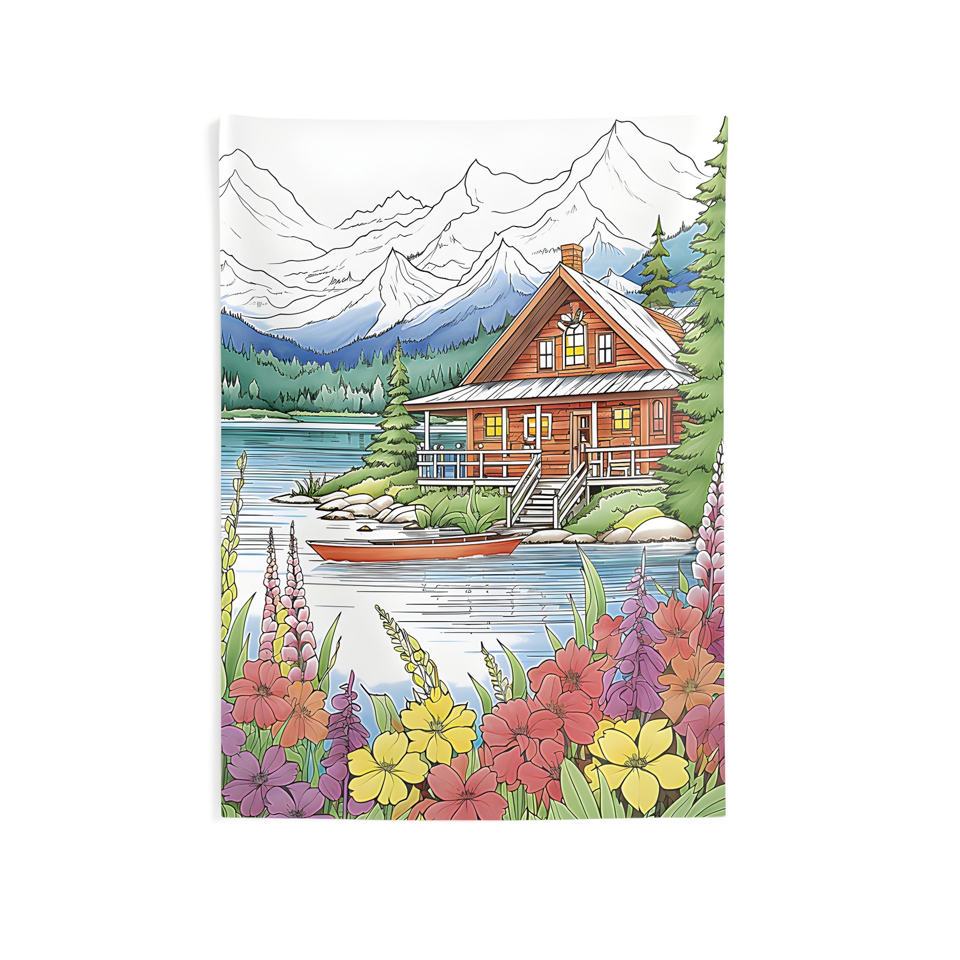 Colorful Woodland Cabin Lake Scene Indoor Wall Tapestry