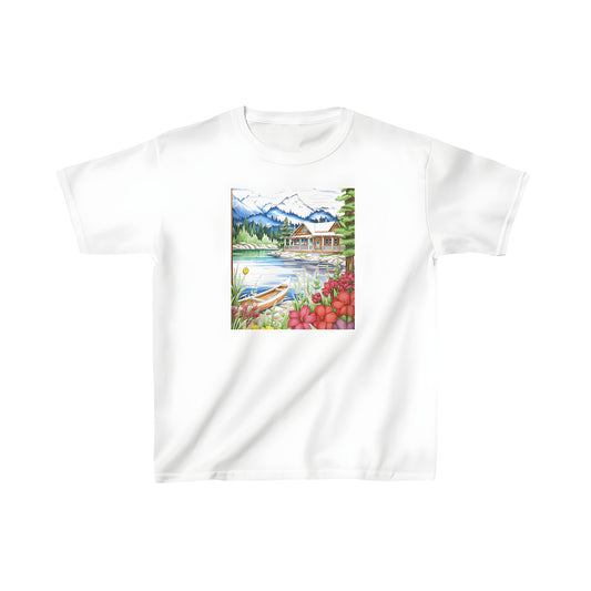Colorful children's t-shirt with lake scene, wooden cabin, flowers, trees, and mountains print