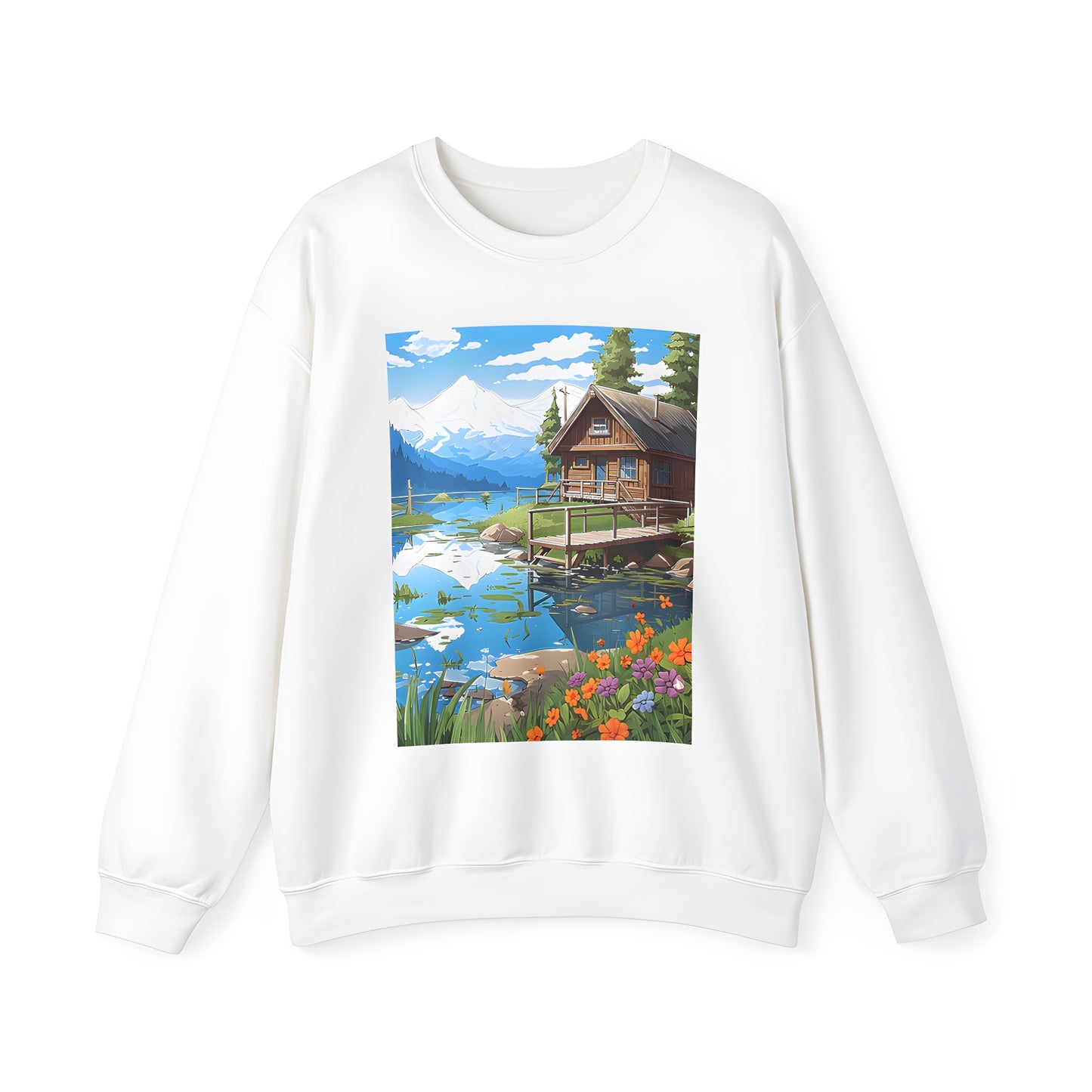 Adult sweatshirt featuring a vibrant wooden cabin scene with serene lake and snow-capped mountain reflections