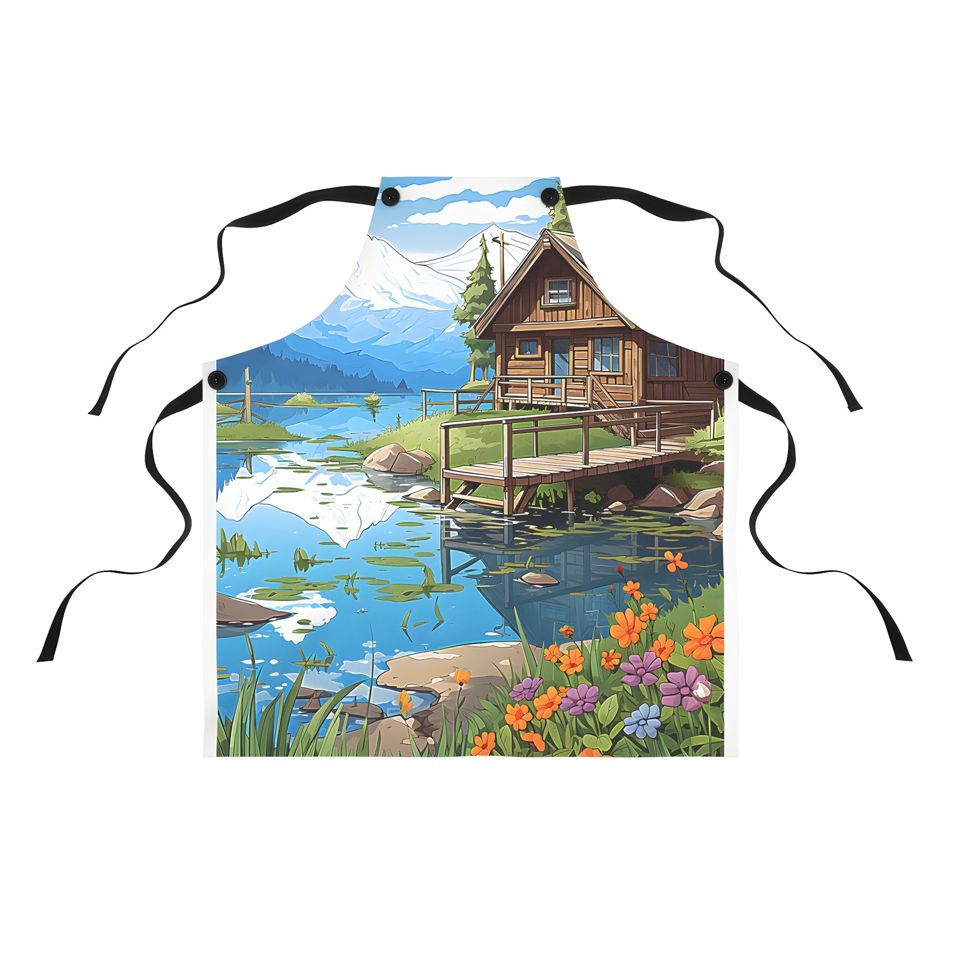 Colorful Mountain Hut and Lake Print Apron with Reflections of Snowy Peaks and Trees and Flowers Surroundings