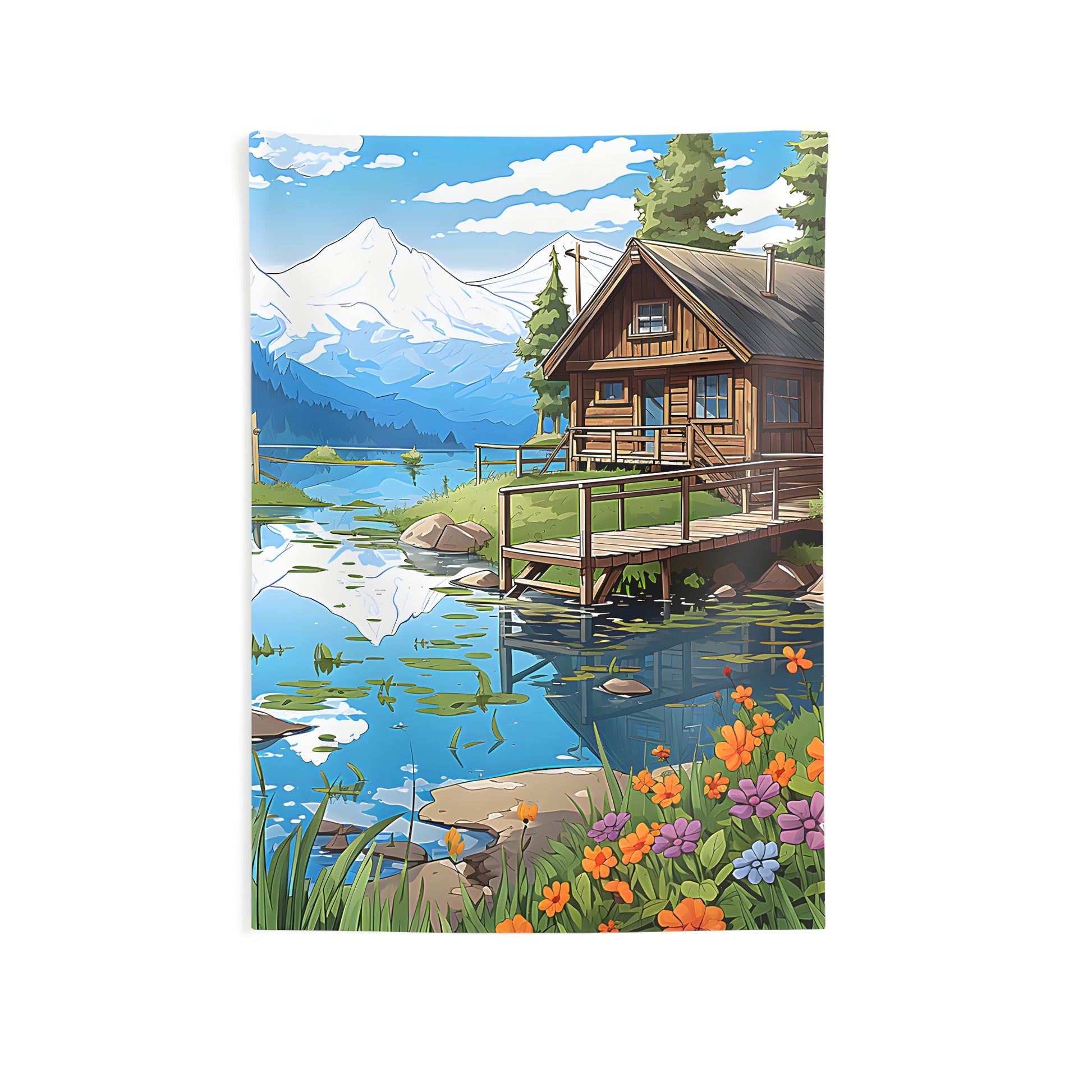 Indoor wall tapestry featuring a serene wooden cabin scene by a tranquil lake with reflection of snowy mountains; surrounded by lush trees and vibrant flowers.