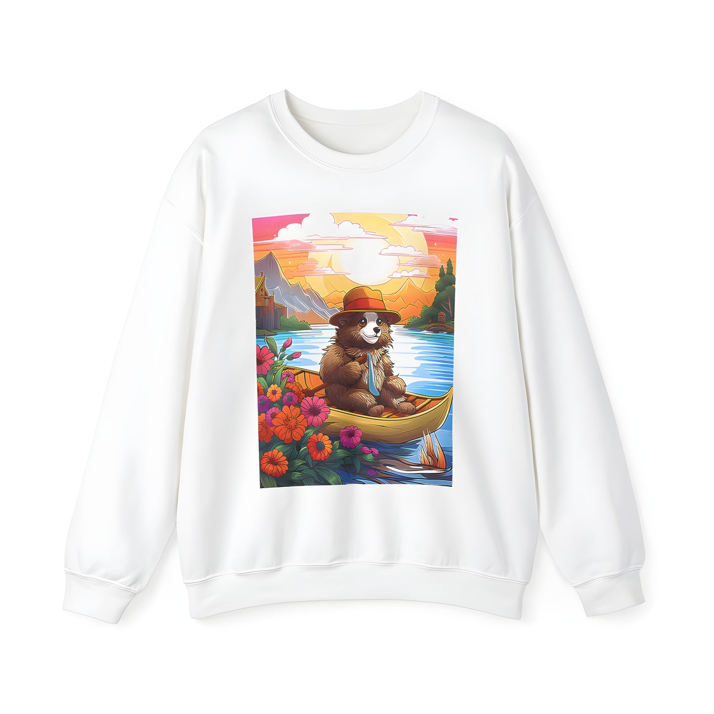 Adult Sweatshirt with A charming bear wearing a hat and tie sits in a boat on a river, surrounded by vibrant flowers and majestic mountains during a picturesque sunset.