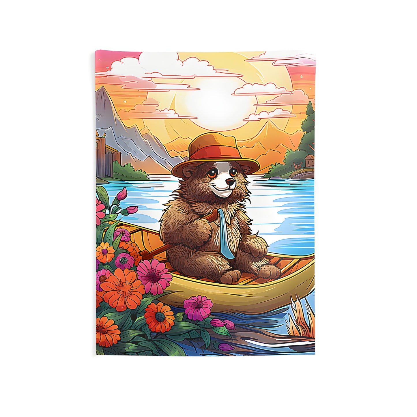 Colorful wall tapestry of an indoor scene featuring a charming bear wearing a hat and tie sitting in a boat on a river surrounded by vibrant flowers and majestic mountains during a picturesque sunset.