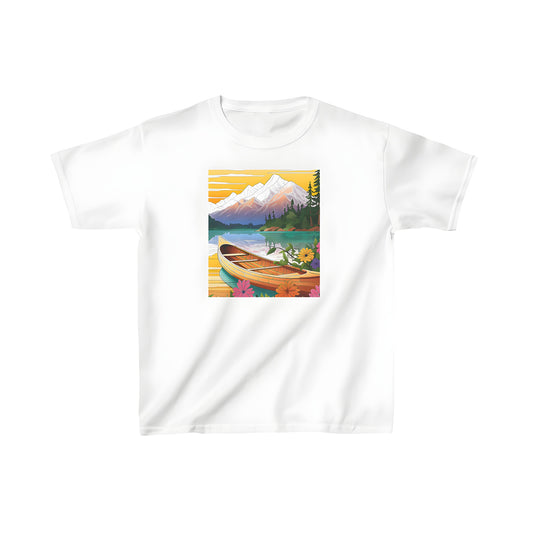 Colorful kid's t-shirt featuring an artistic depiction of a serene mountain lake scene at sunset, complete with a boat, blooming flowers, lush trees, and a tranquil reflection in the water.
