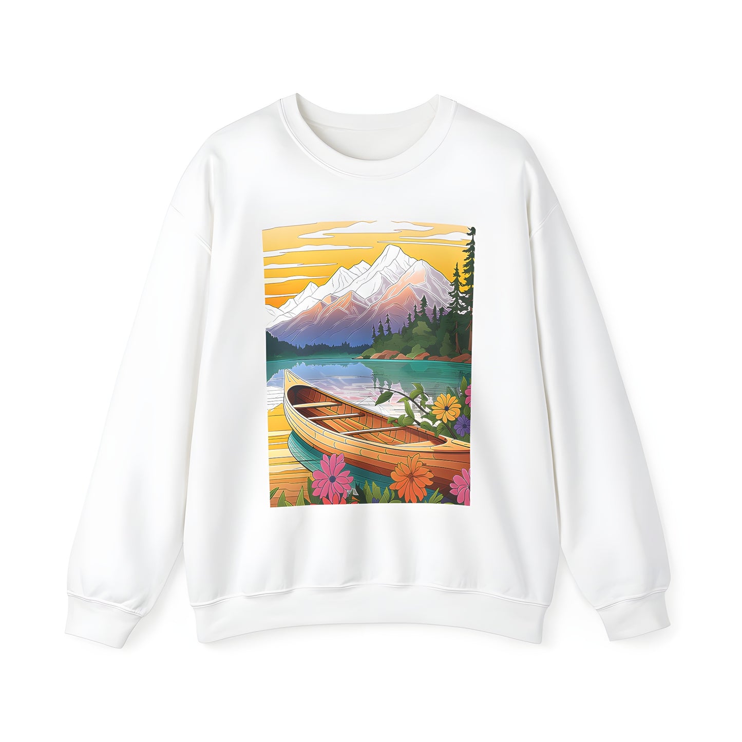 Adult Sweatshirt with serene Mountain Lake, Sunset, Boat, Flower, Tree, Reflection Water design