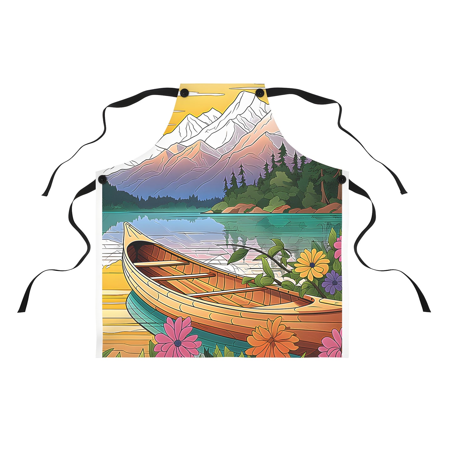 Colorful Apron with Mountain Scene, featuring Boat, Flowers, Trees, and Reflection at Sunset