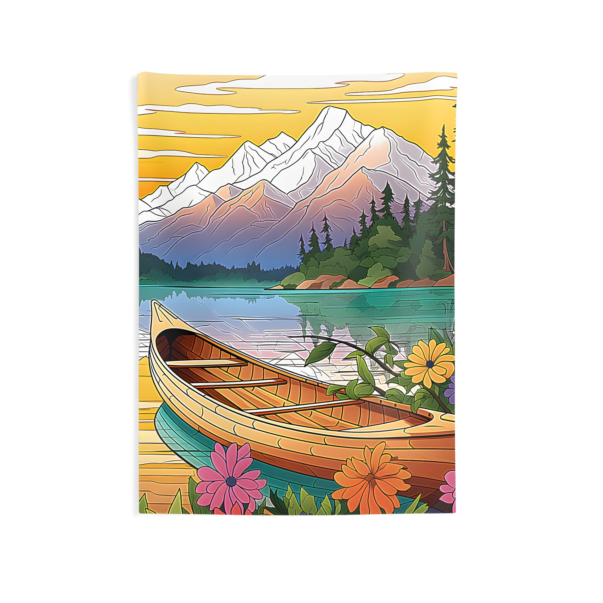 Vibrant mountain lake wall tapestry for bedroom decor. Colorful scenic indoor hanging art featuring boat, flowers, trees, and serene reflection.