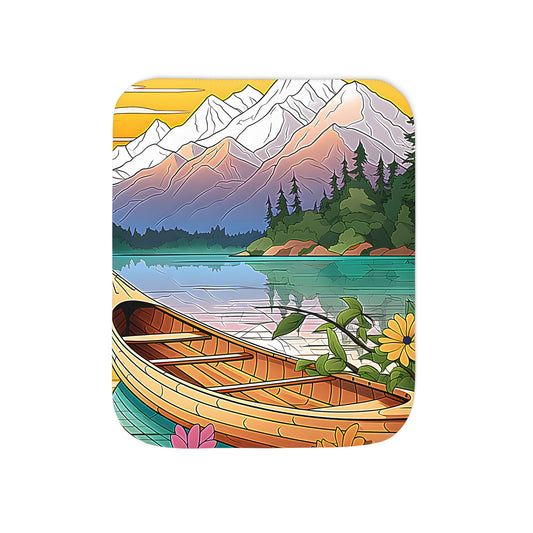 Colorful blanket with a serene lake scene at sunset. Features a boat, flowers, trees, and reflection.
