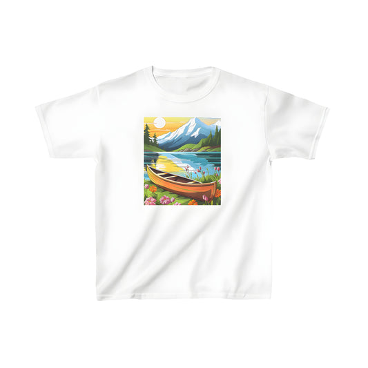 Colorful design of a serene mountain landscape scene with a canoe, wildflowers, trees, and vibrant sunset on a kid's t-shirt.