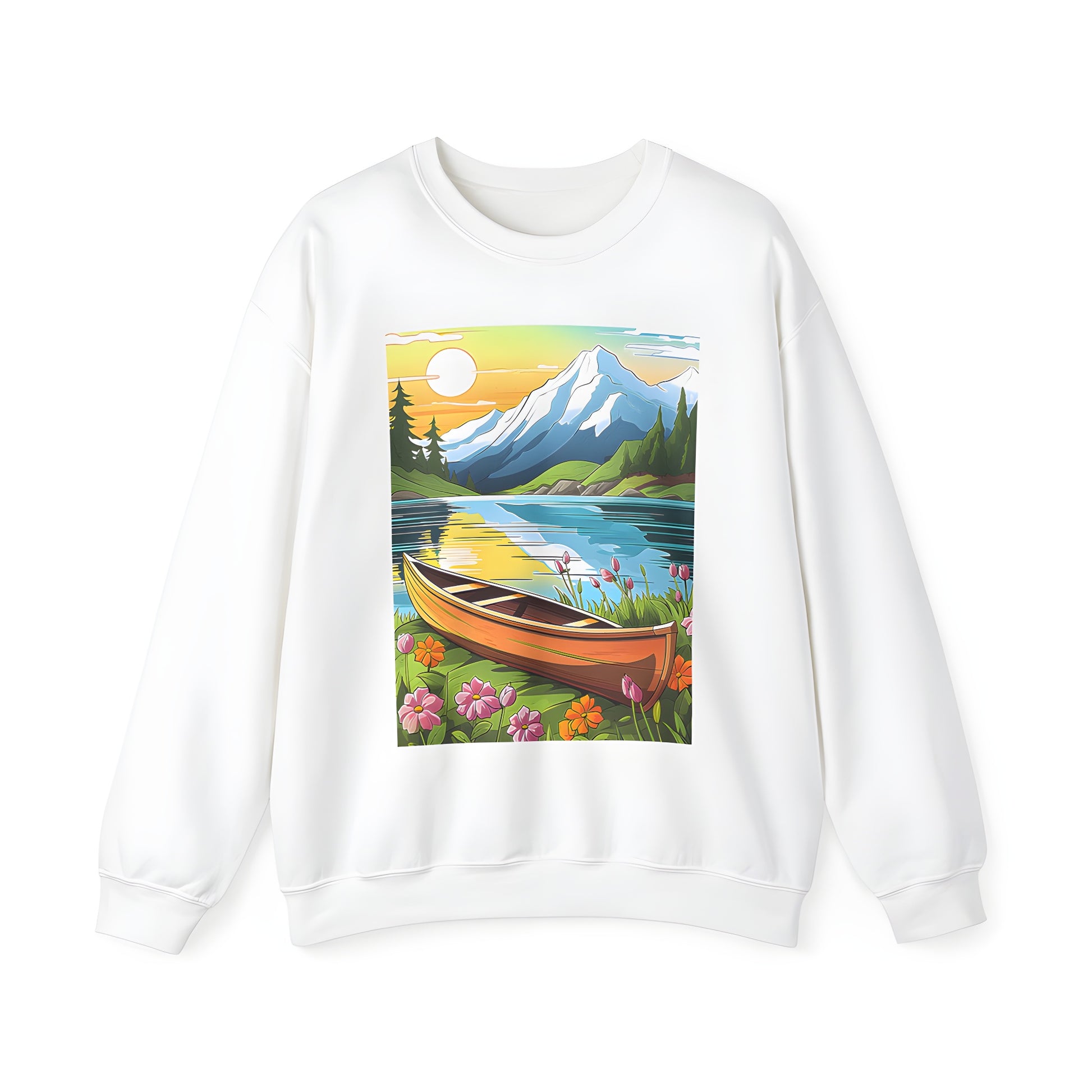 Relaxing lake scene sweatshirt for men and women featuring a serene mountain backdrop with canoe and wildflowers