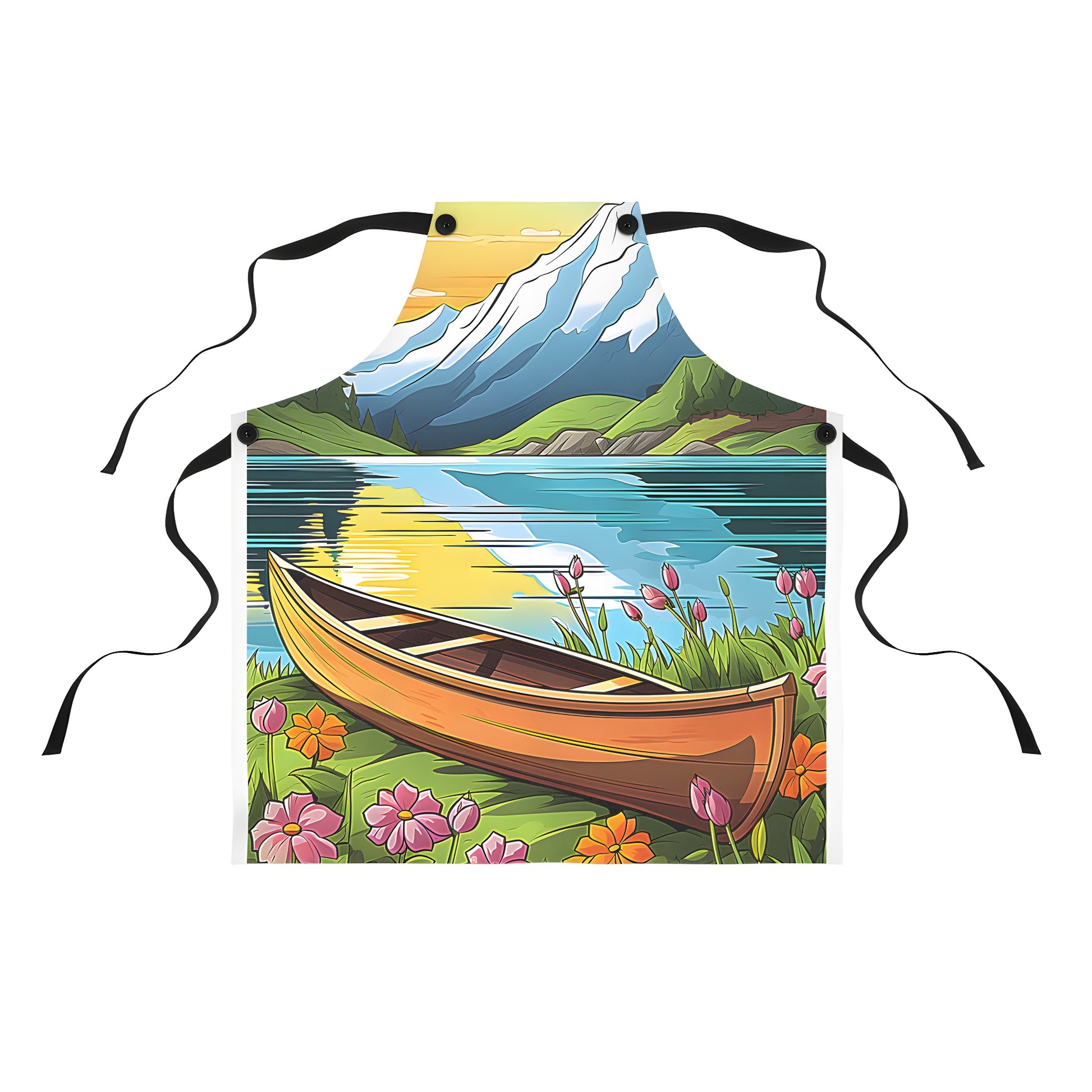 A colorful mountain lake scene apron with a serene landscape featuring a canoe, wildflowers, trees, and a vibrant sunset reflecting on the water. Perfect for outdoor enthusiasts, nature lovers, and fans of scenic views.