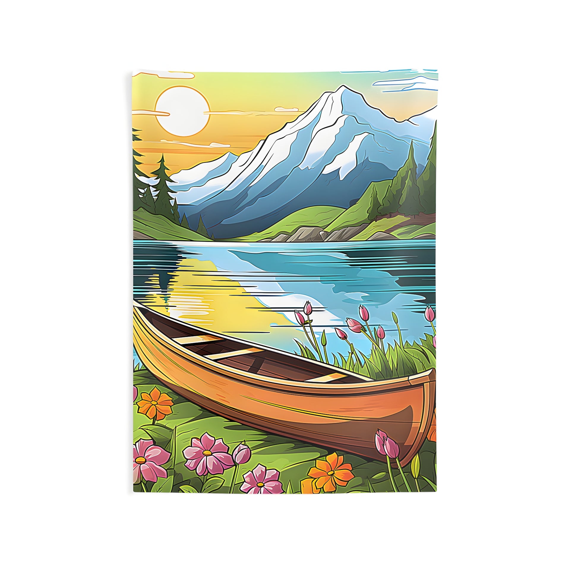 Vibrant Mountain Landscape Tapestry, Indoor Wall Hanging with Serene Reflections of a Peaceful Lake Scene