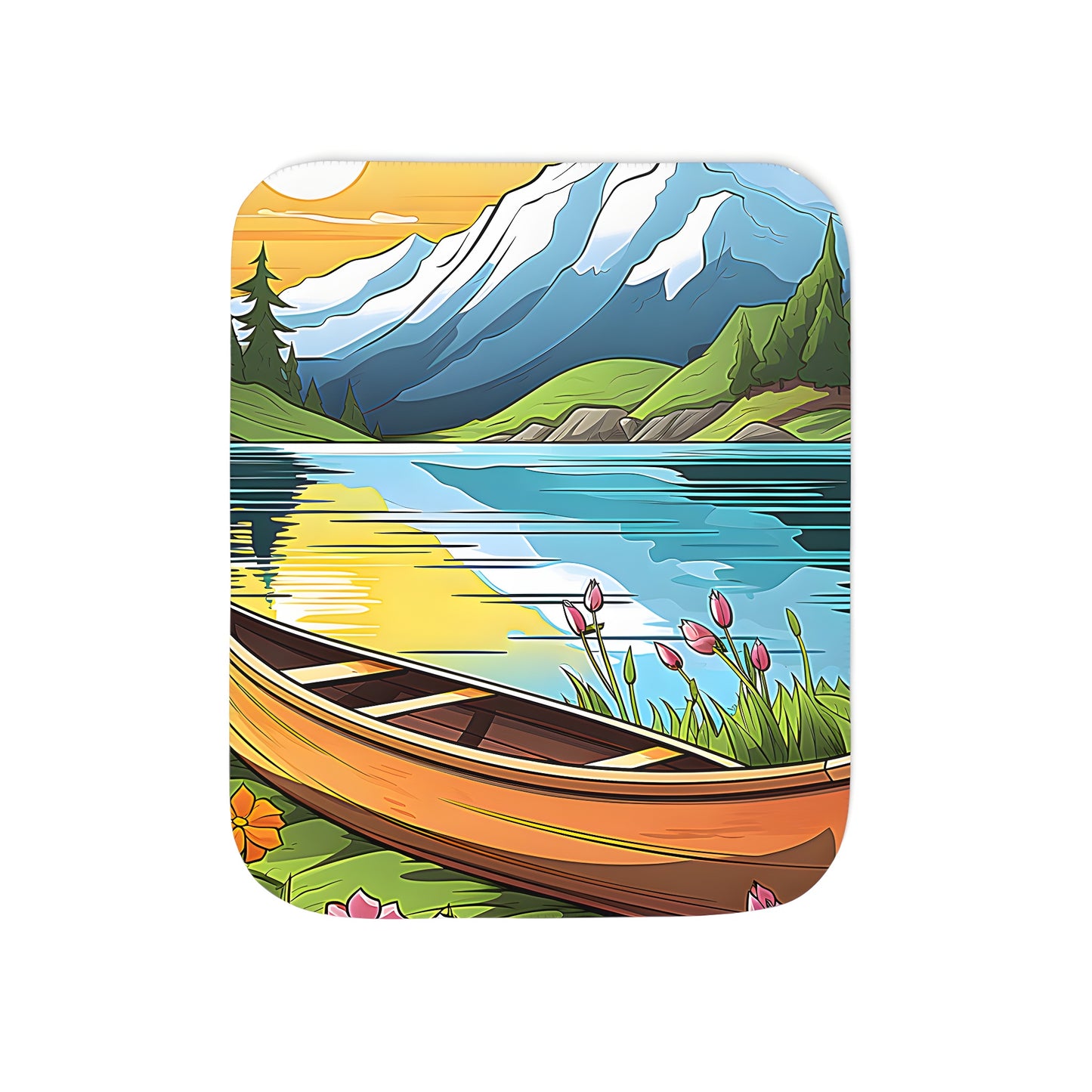 Blankets with serene landscape designs featuring hills, lakeshores, wildflowers, and canoes