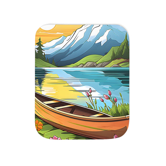 Blankets with serene landscape designs featuring hills, lakeshores, wildflowers, and canoes