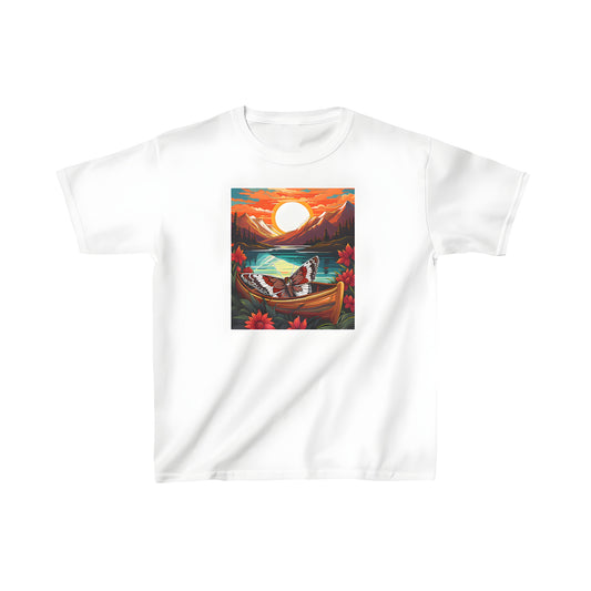 Colorful kid's t-shirt with mountain sunset design featuring butterfly on canoe over lake surrounded by flowers