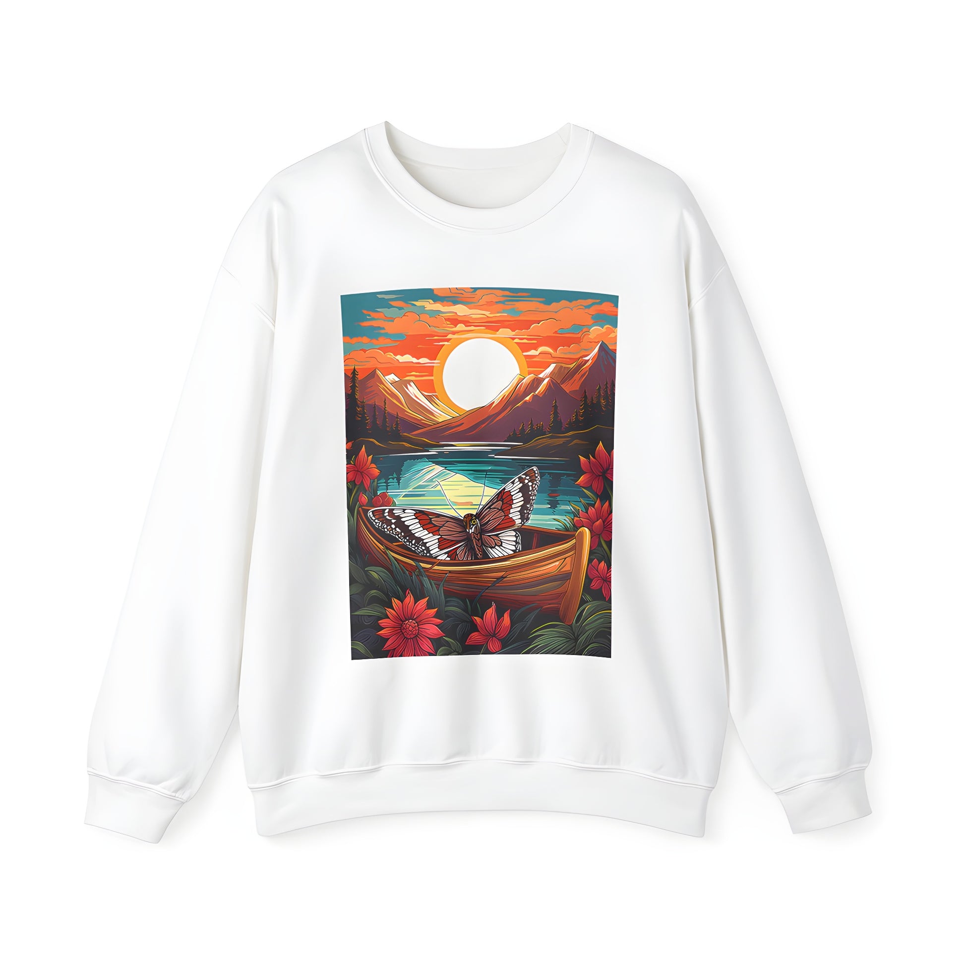 Adult sweatshirt featuring colorful mountain sunset design with butterfly on canoe