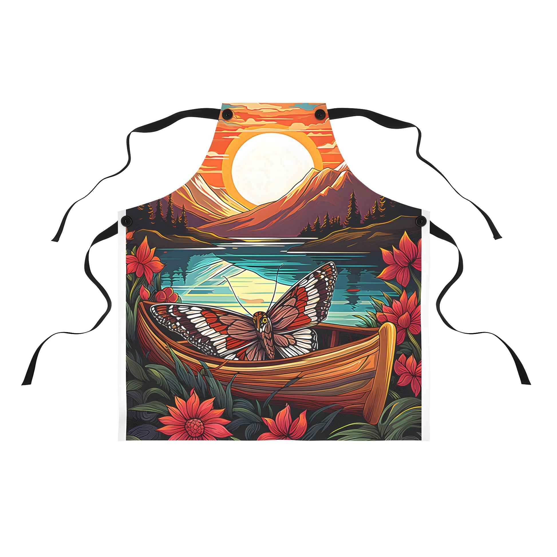 Colorful apron featuring a vibrant mountain sunset scene with a canoe and butterfly on a serene lake surrounded by flowers