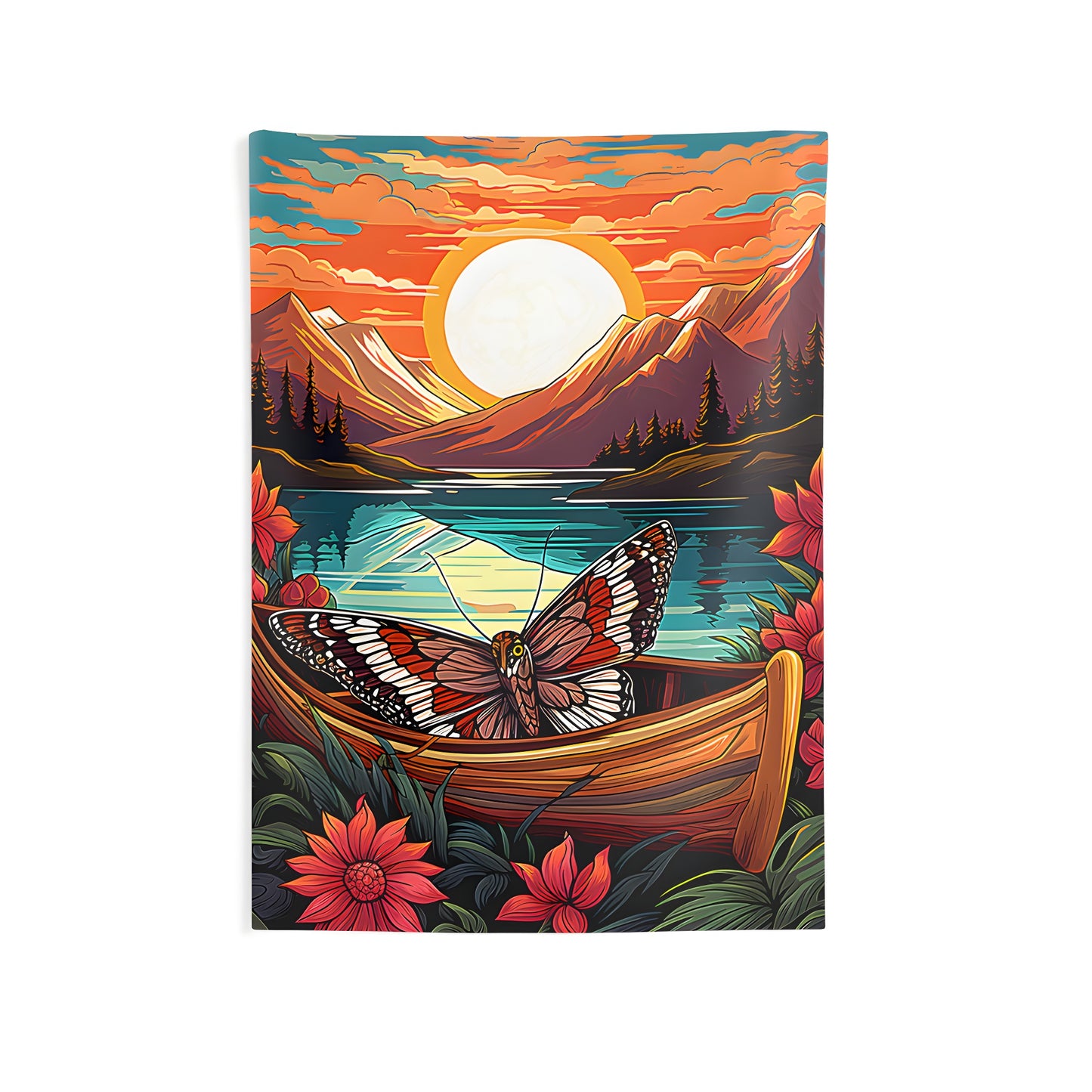 Indoor wall tapestry featuring a colorful butterfly on a canoe, set against a serene mountain sunset backdrop, surrounded by vibrant flowers. Perfect for adding a touch of nature's beauty to any room.