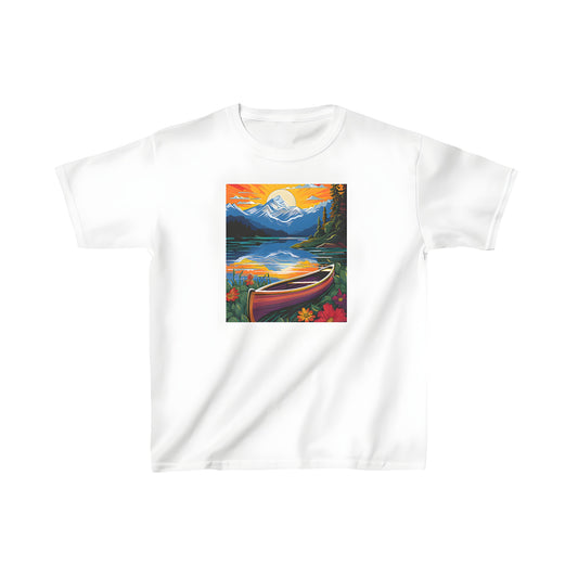 Vibrant sunset landscape graphic print on kid's t-shirt
