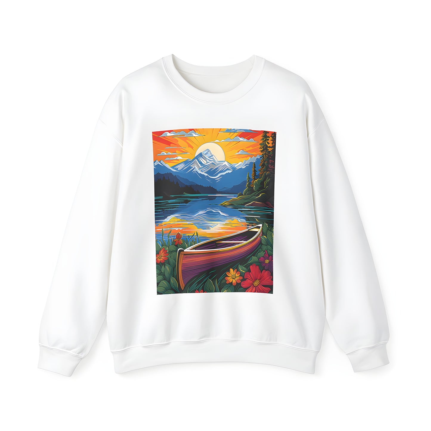 Adult sweatshirt featuring vibrant sunset over lake with canoe and colorful flowers amidst forested mountain landscape