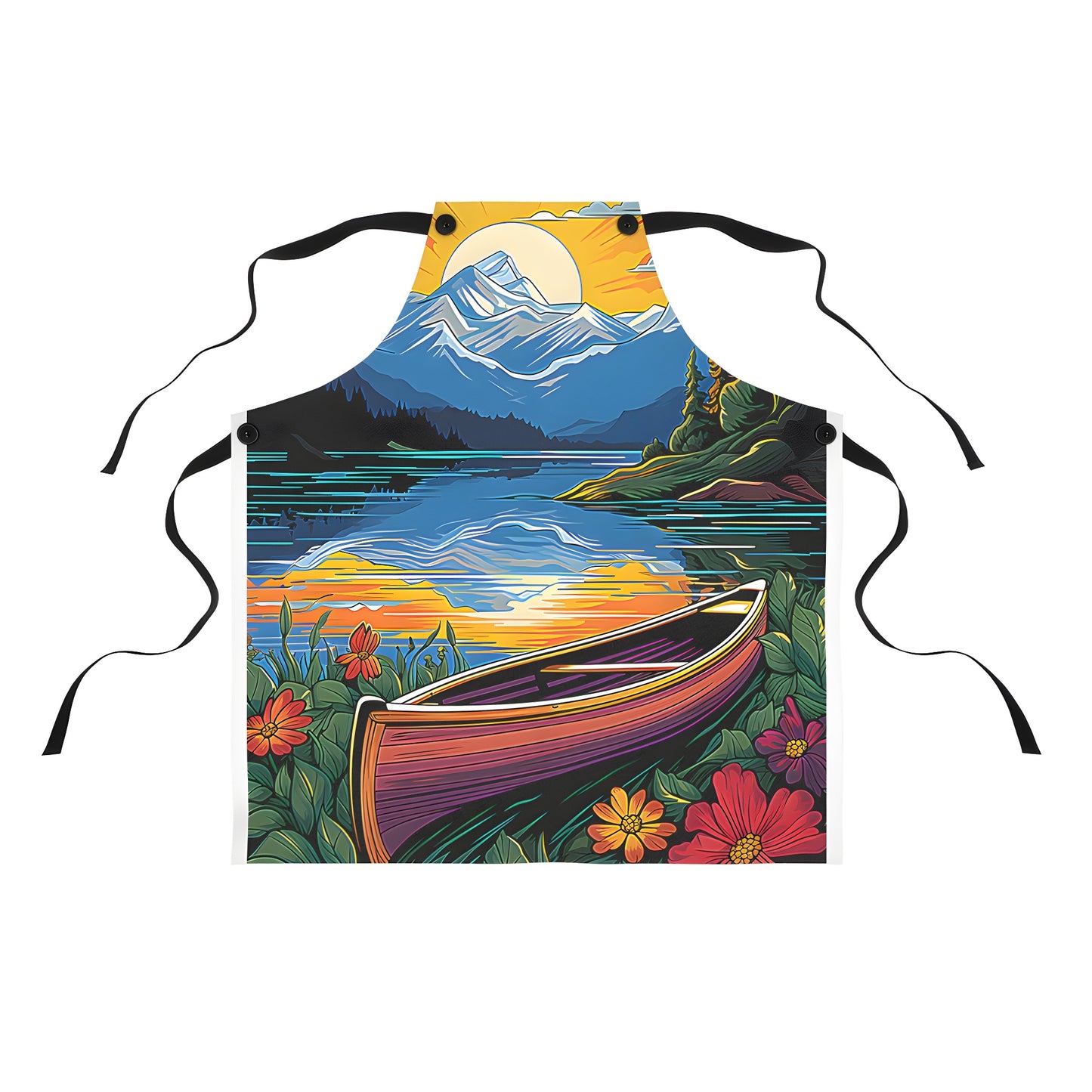 Colorful apron with vibrant sunset over lake scene, canoe, flowers and forested mountain design