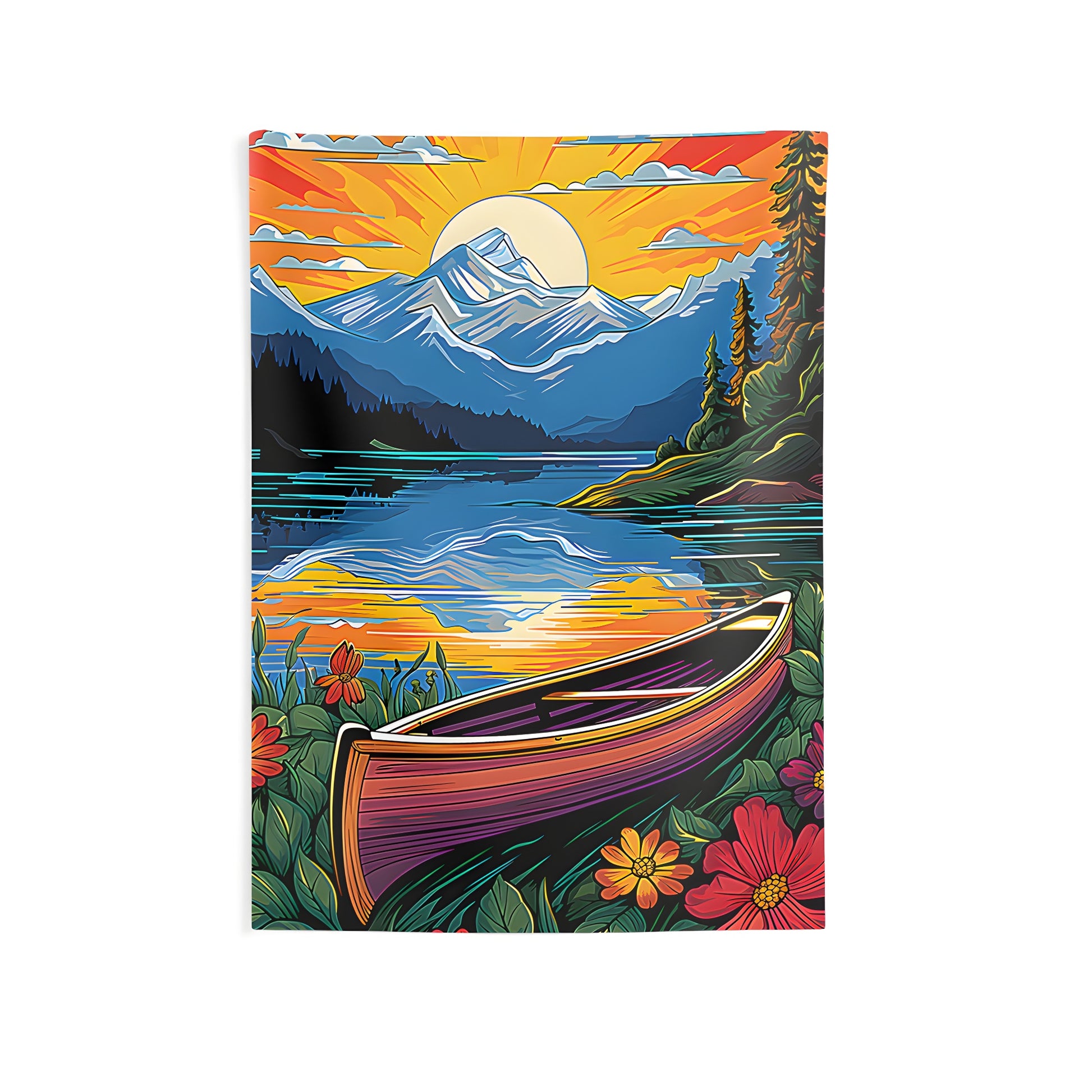 Colorful indoor wall tapestry of a vibrant sunset over a serene mountain lake with a canoe and lush forested hills