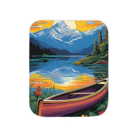 Vibrant sunset blanket with mountain landscape design, featuring a canoe and colorful flowers