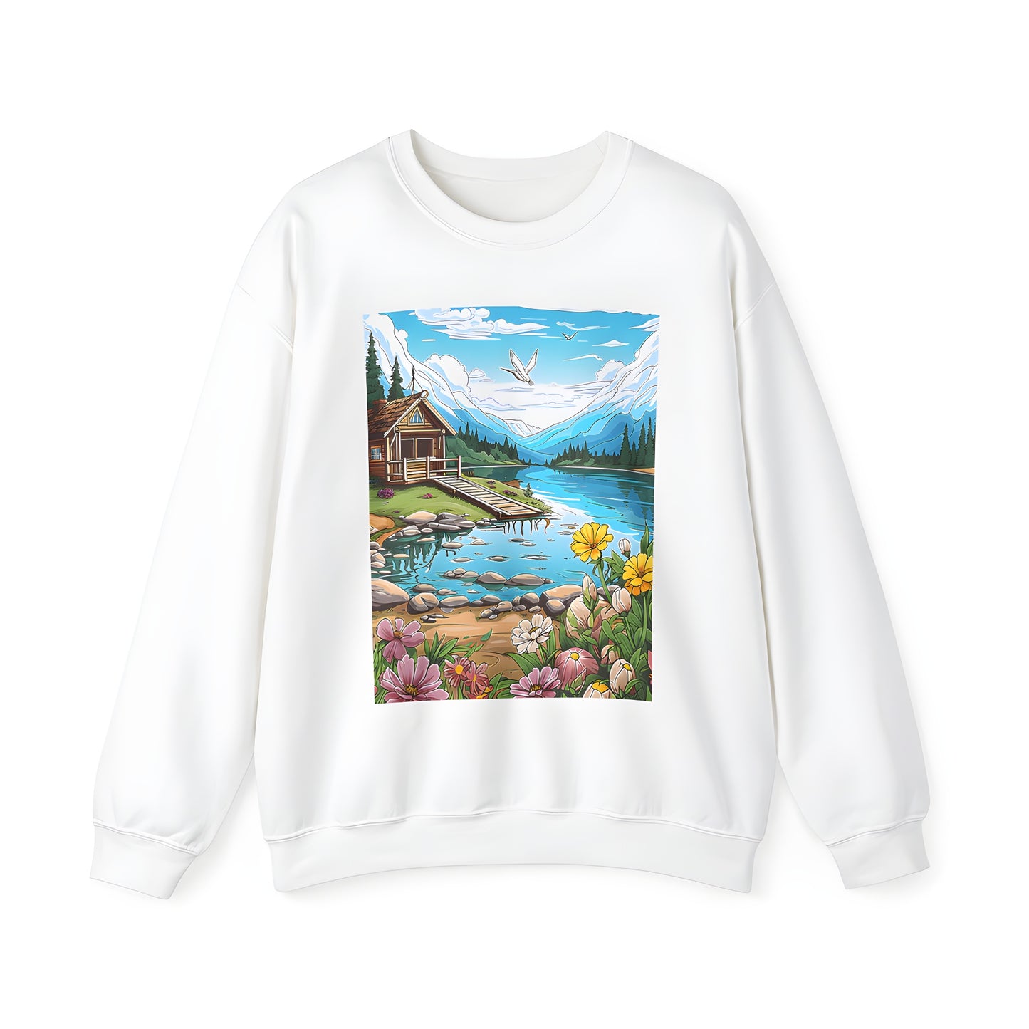 Adult Sweatshirt with cozy cabin by lake design