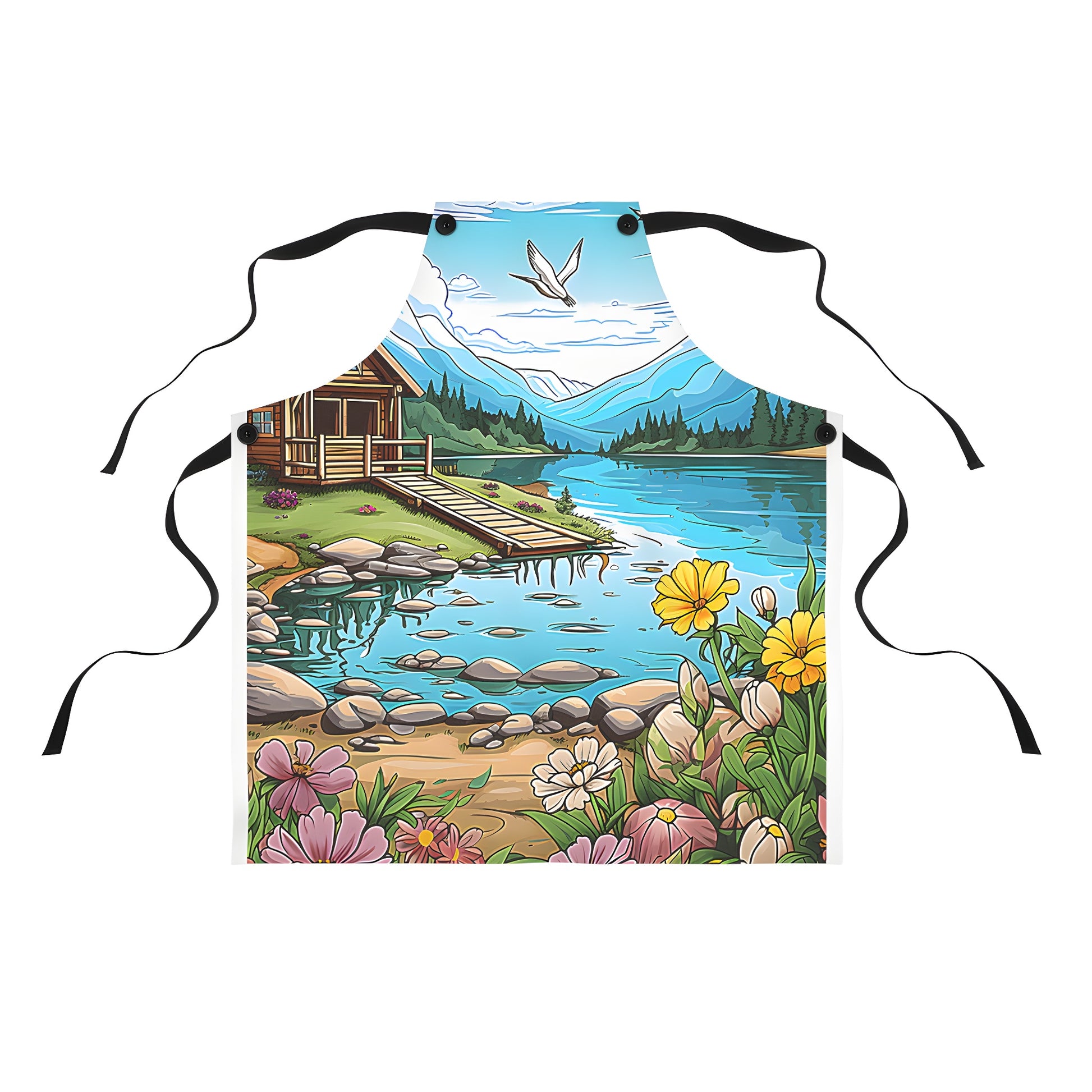 Colorful apron featuring a vibrant wooden cabin illustration near a serene lake, surrounded by flowers, birds, and mountains