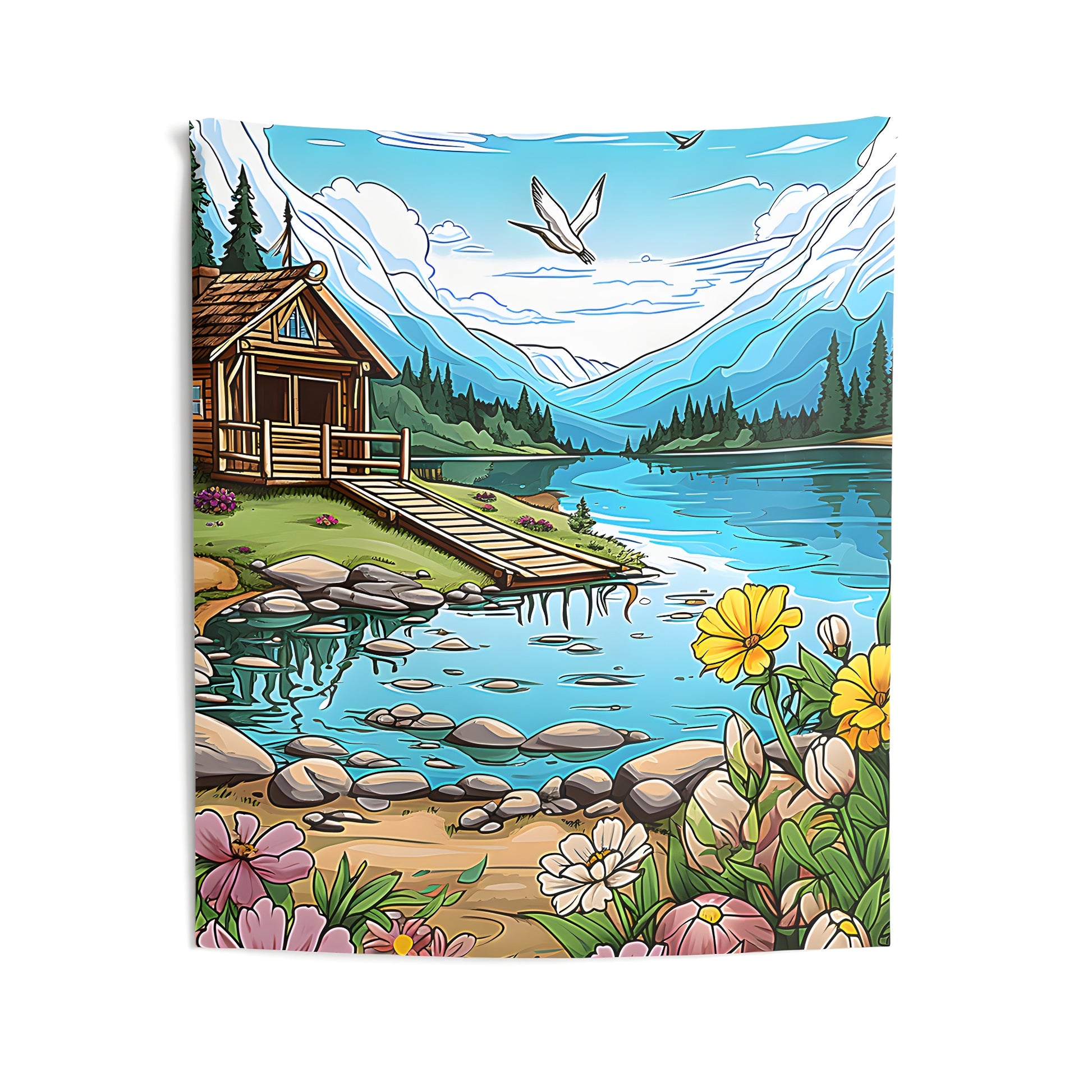 Vibrant cabin wall tapestries for living room decor, featuring a colorful illustration of a serene lake scene with wooden cabin, flowers, birds, and majestic mountains.