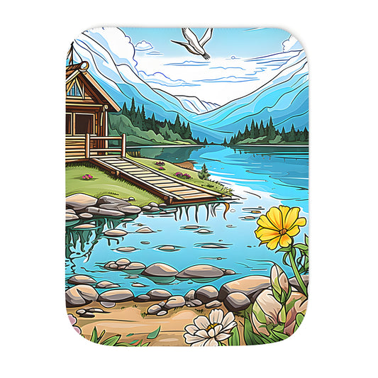 Cozy cabin by serene lake print blanket