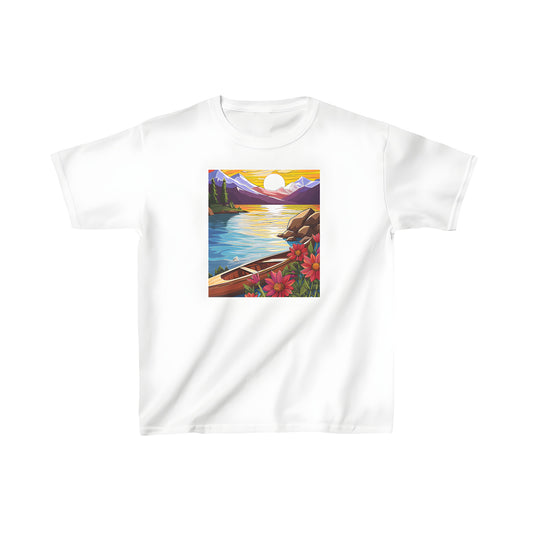 A vibrant kid's t-shirt featuring a serene lake scene with a canoe and mountains during a breathtaking sunset, perfect for little ones who love adventure and the great outdoors.