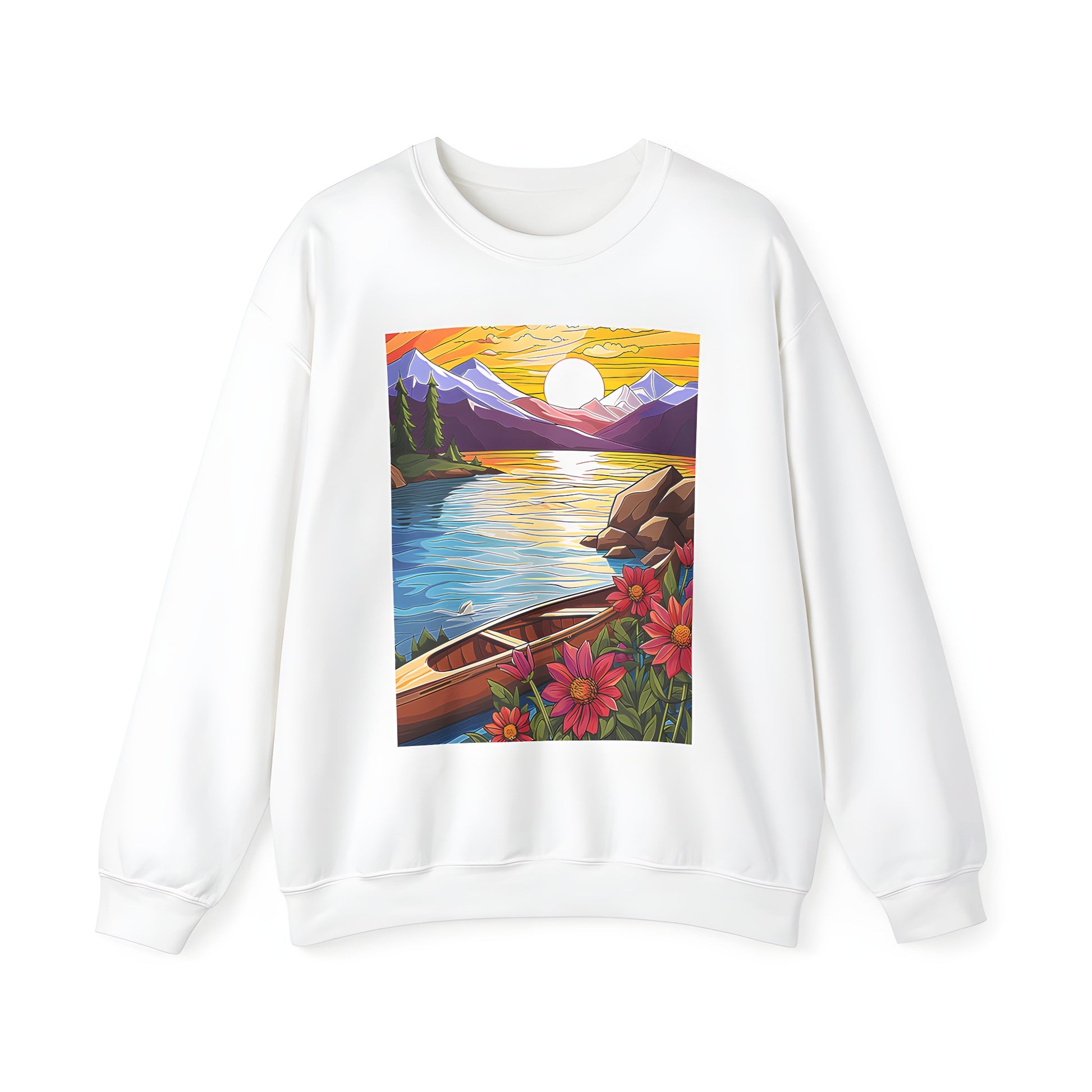 Adult Sweatshirt featuring a serene lake scene with canoe, surrounded by vibrant flowers and majestic mountains during a breathtaking sunset.