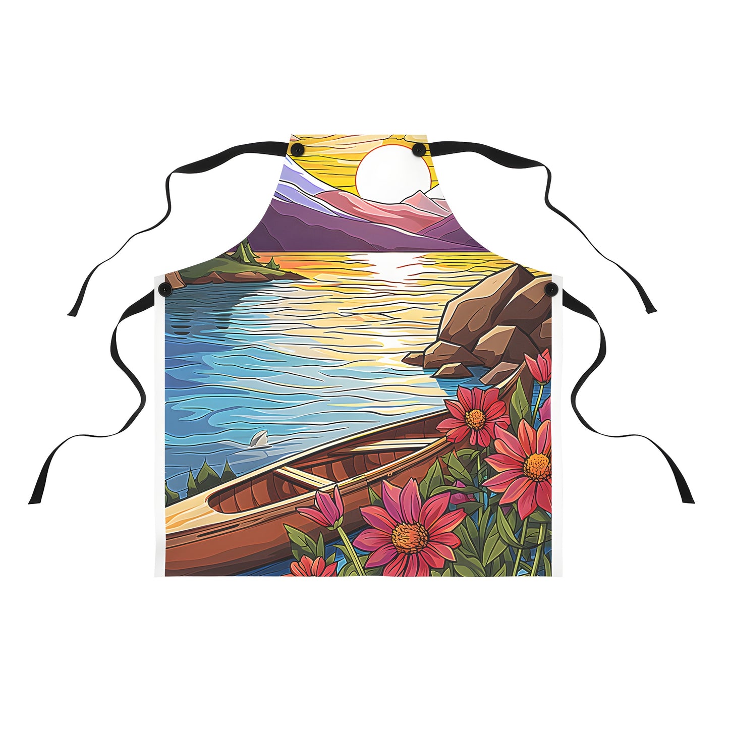 Apron with a serene lake scenic landscape photo of a canoe on calm water surrounded by vibrant flowers and majestic mountains during a breathtaking sunset. Perfect for the outdoorsy person in you!