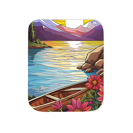 Colorful lake scene with canoe and flowers on a blanket