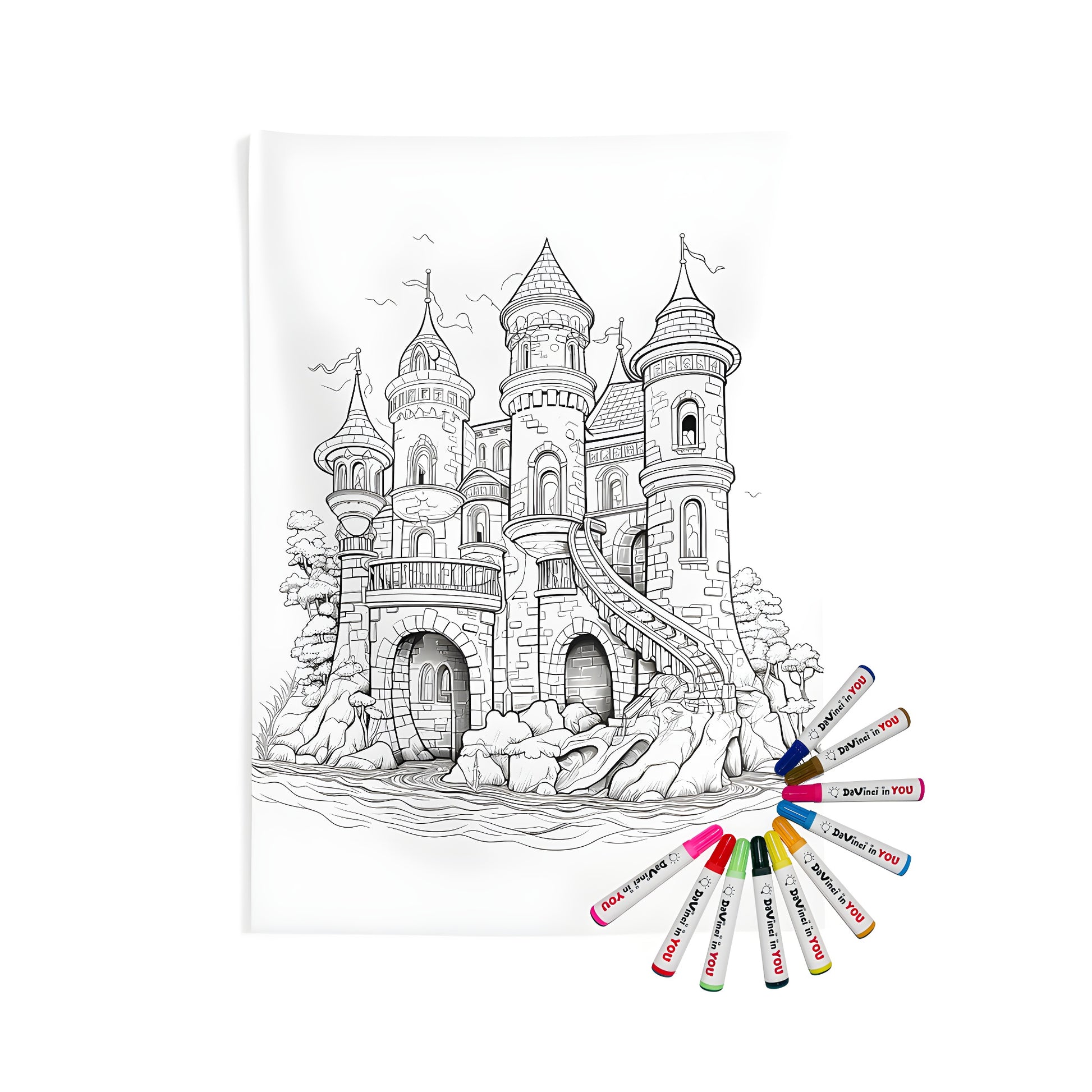 Indoor wall tapestries coloring kit featuring a medieval-style castle design