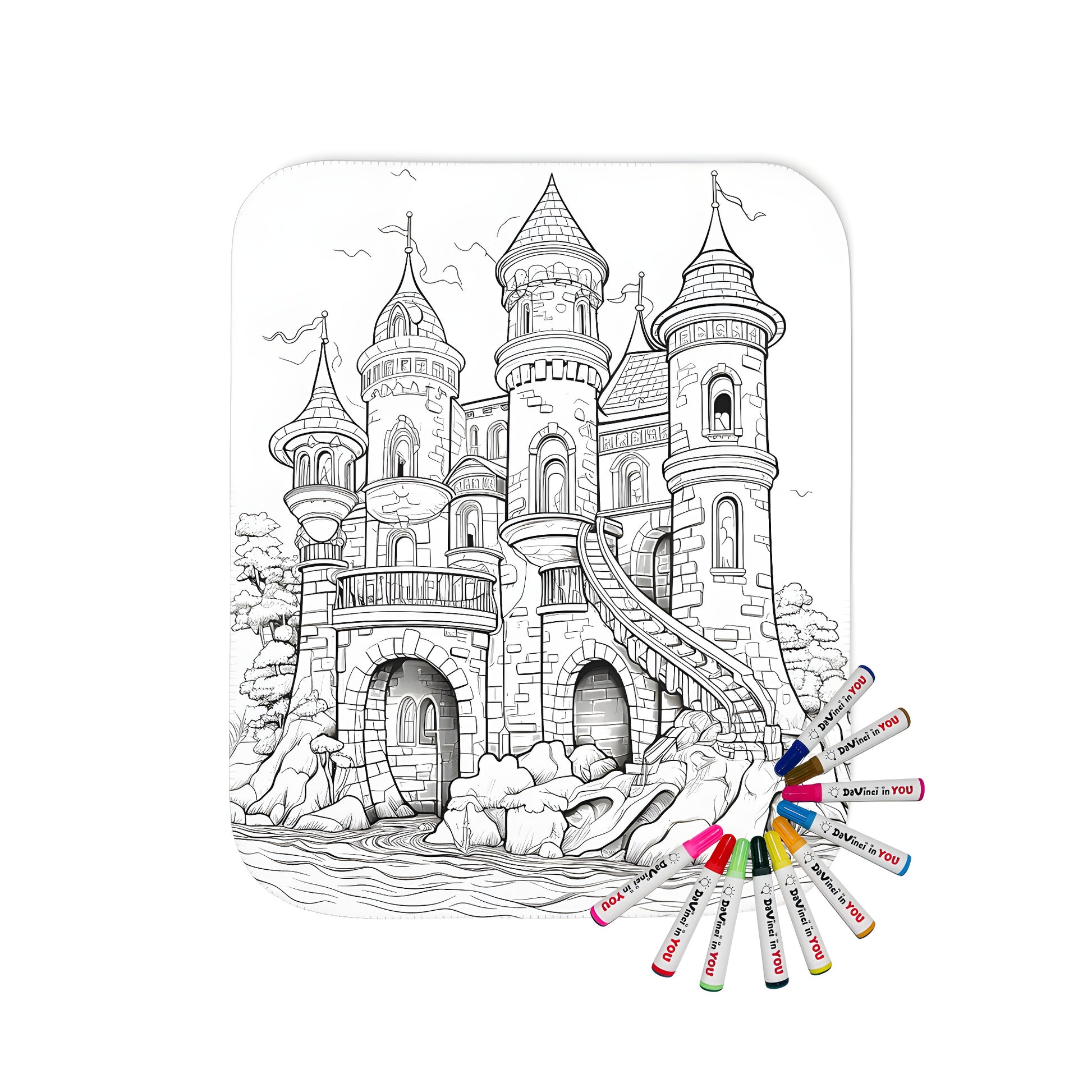 Cozy blanket featuring an intricate illustration of a castle with towers, a winding staircase, and scenic surroundings - great for coloring enthusiasts