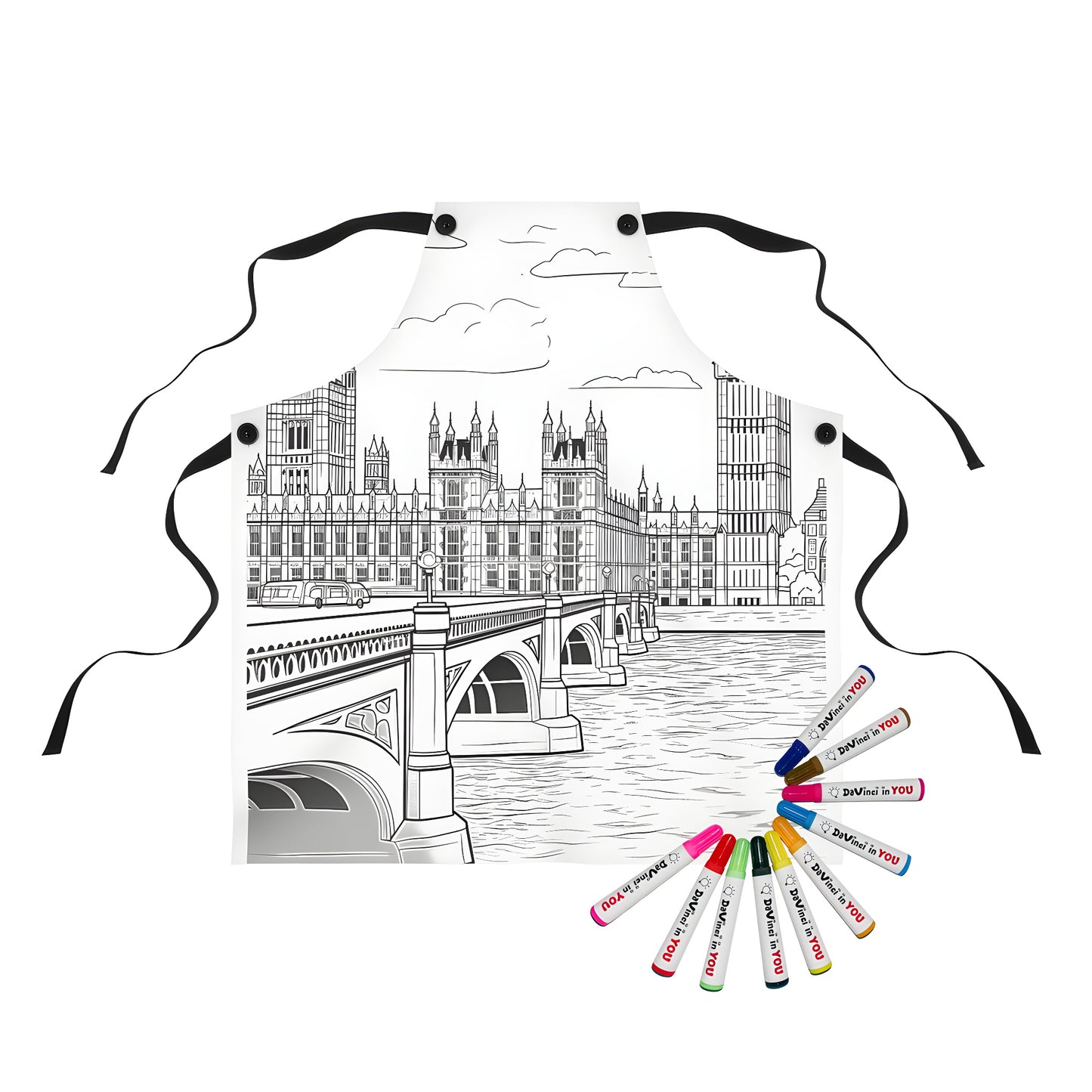 London-themed apron with intricate details of Big Ben, Westminster Bridge, and the Thames River