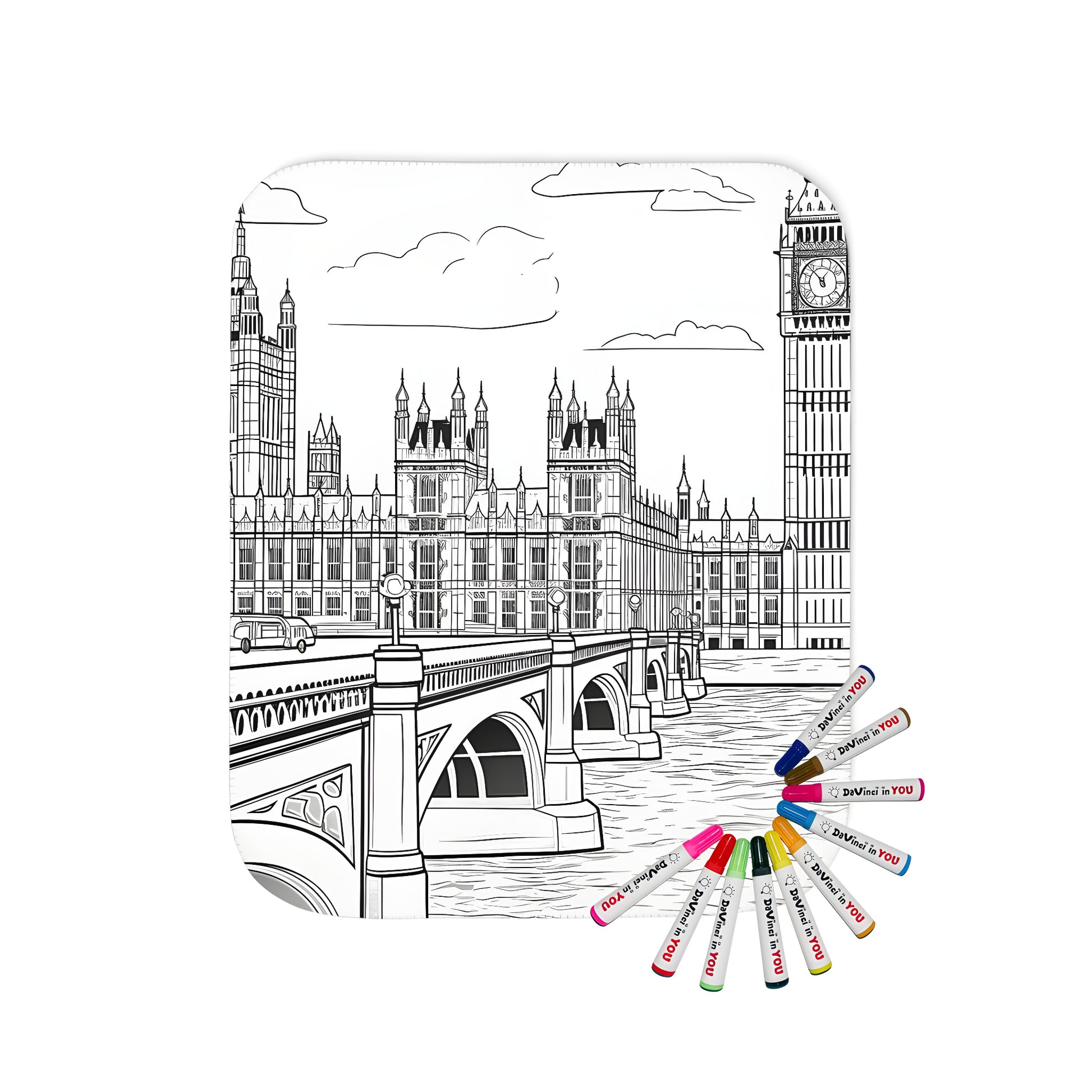 Colouring blanket featuring iconic Big Ben, Westminster Bridge, and Thames River from London