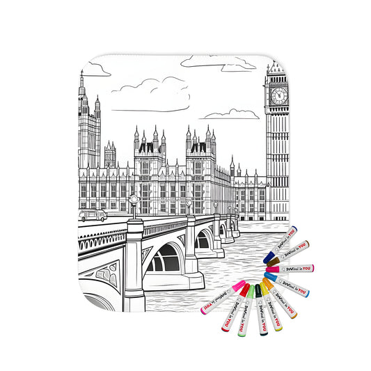 Colouring blanket featuring iconic Big Ben, Westminster Bridge, and Thames River from London