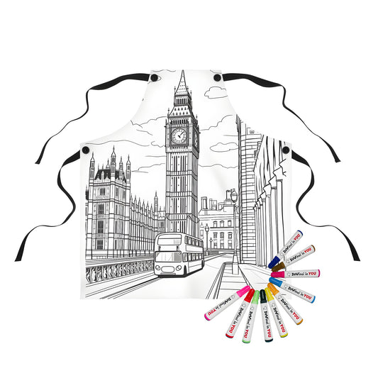 Apron with detailed line drawing of Big Ben and London architecture design