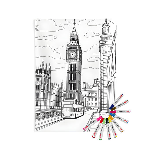 A detailed illustration of Big Ben and surrounding London architecture, including a double-decker bus in the foreground, printed on an indoor wall tapestry. Includes 10 fabric markers for coloring.