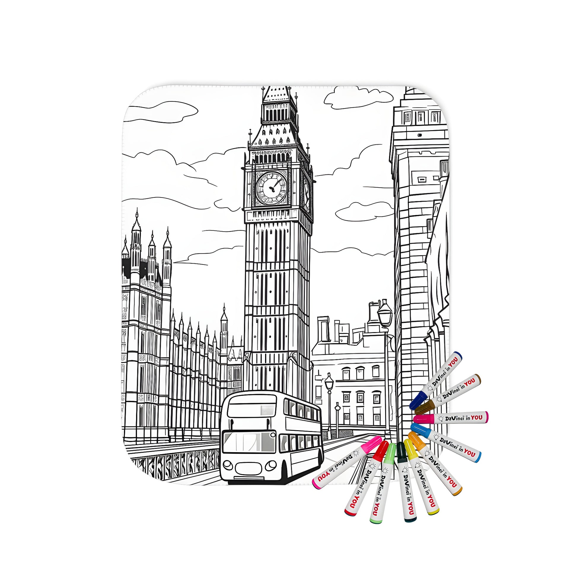 Blanket with detailed line drawing of Big Ben and London architecture coloring page art, double-decker bus design