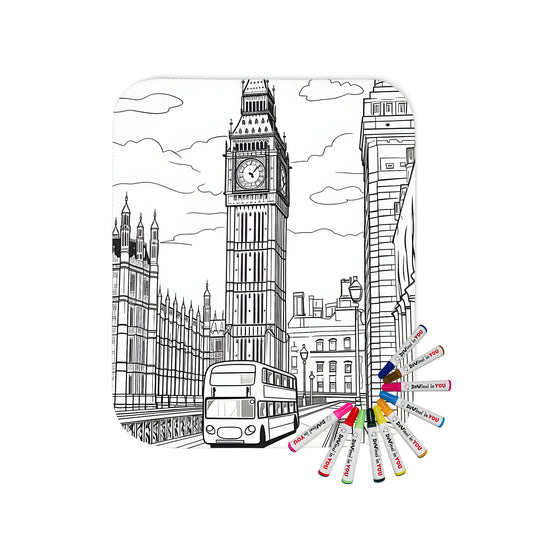 Blanket with detailed line drawing of Big Ben and London architecture coloring page art, double-decker bus design